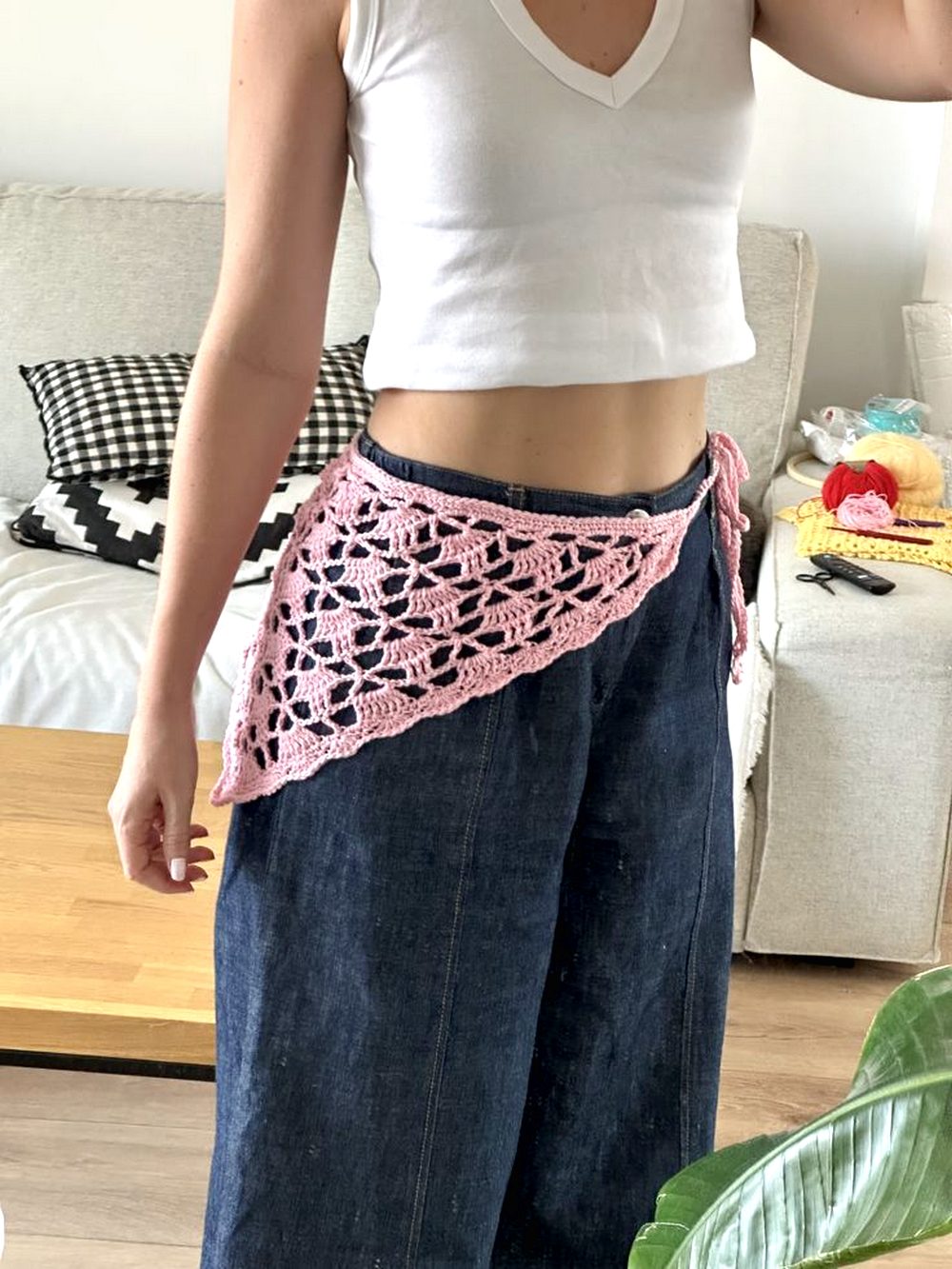 Pink Crochet Triangle Hip Scarf