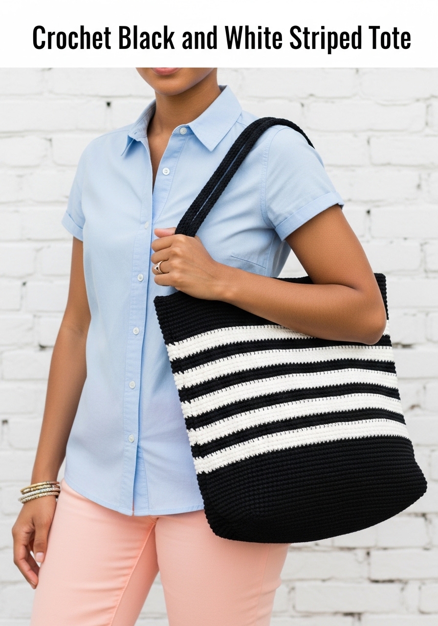 Crochet Black and White Striped Tote