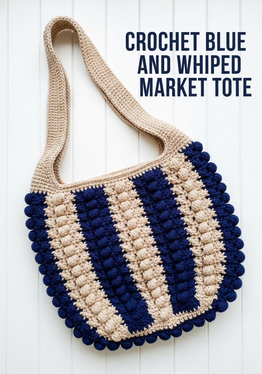 Crochet Blue and White Striped Market Tote