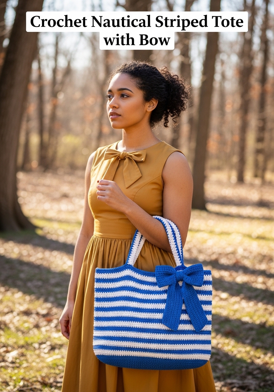 Crochet Nautical Striped Tote with Bow