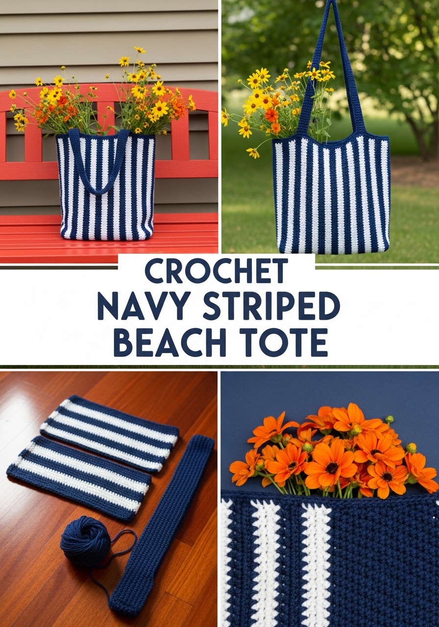 Crochet Navy Striped Beach Tote