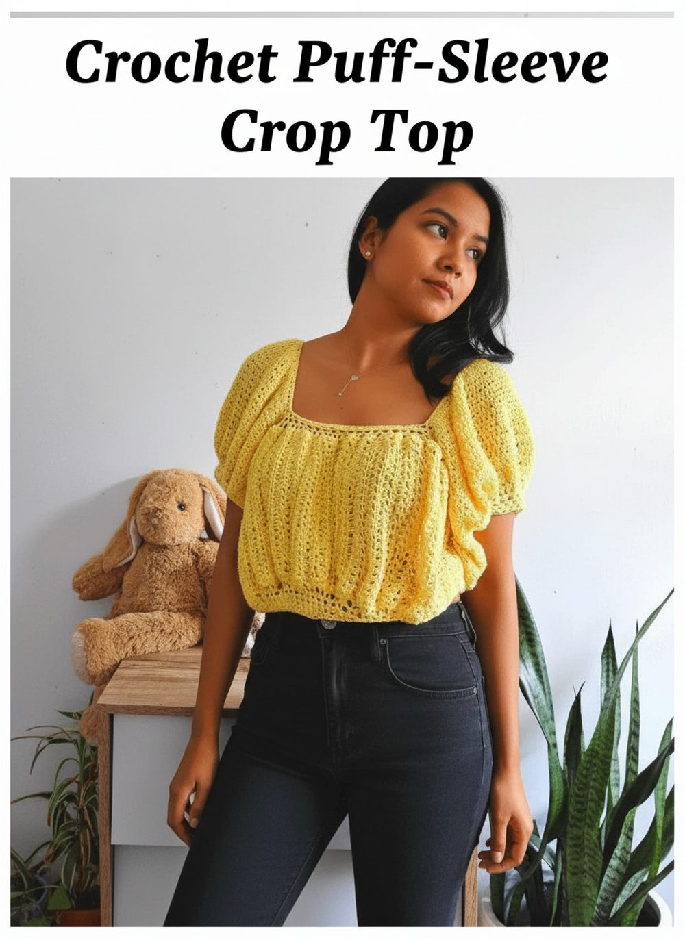Crochet Puff-Sleeve Crop Top
