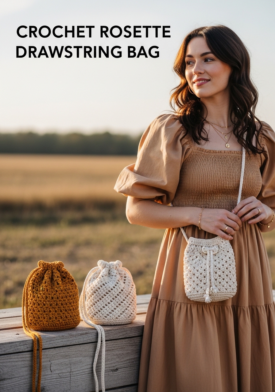Crochet Rosette Drawstring Bag