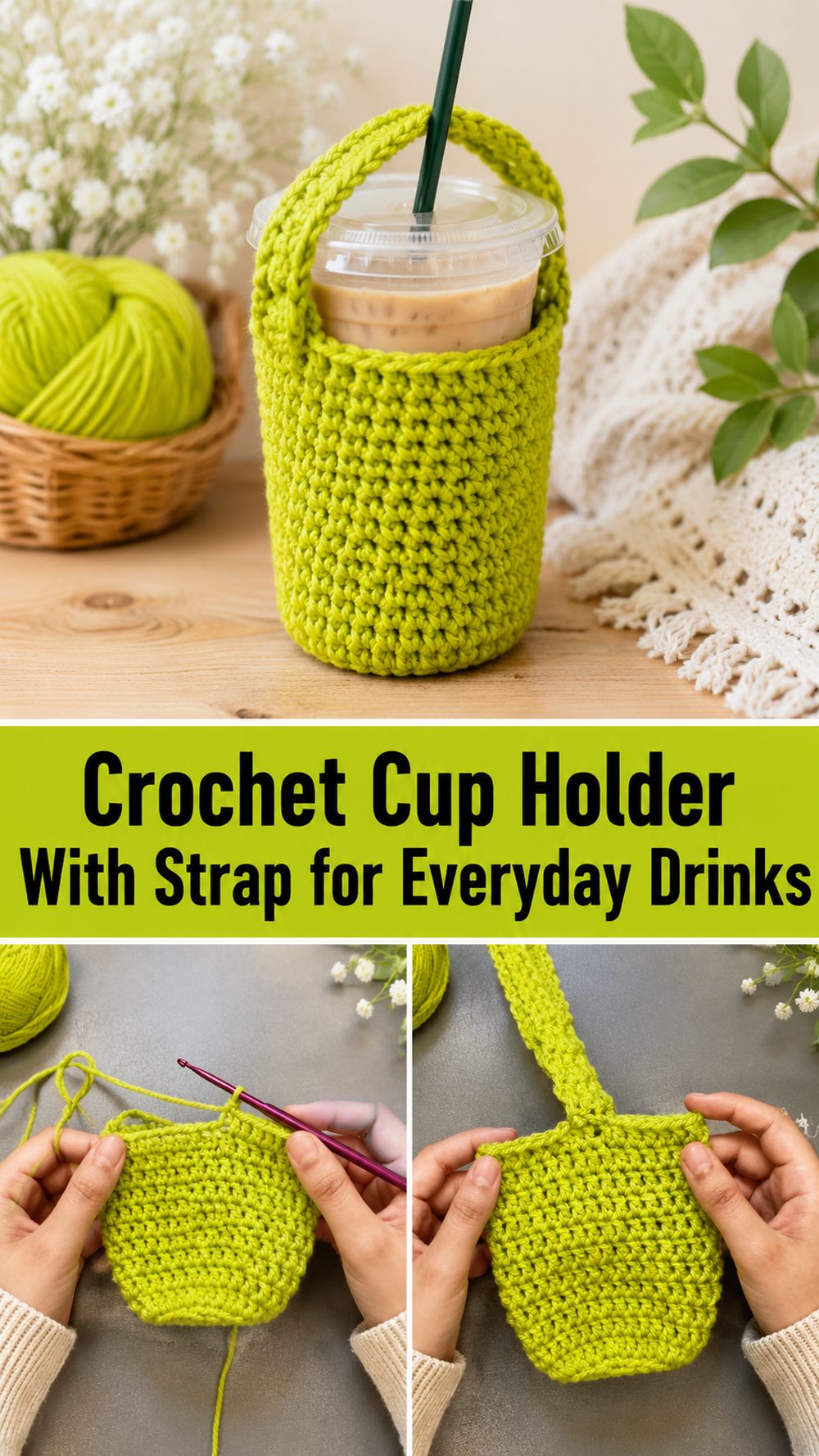 Crochet Cup Holder With Strap for Everyday Drinks