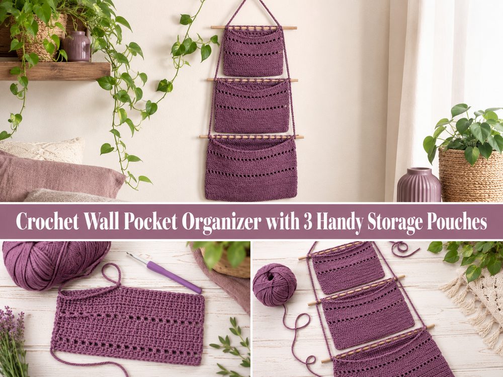 Crochet Wall Pocket Organizer with 3 Handy Storage Pouches S