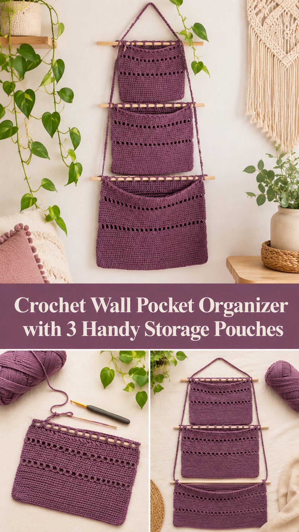Crochet Wall Pocket Organizer with 3 Handy Storage Pouches