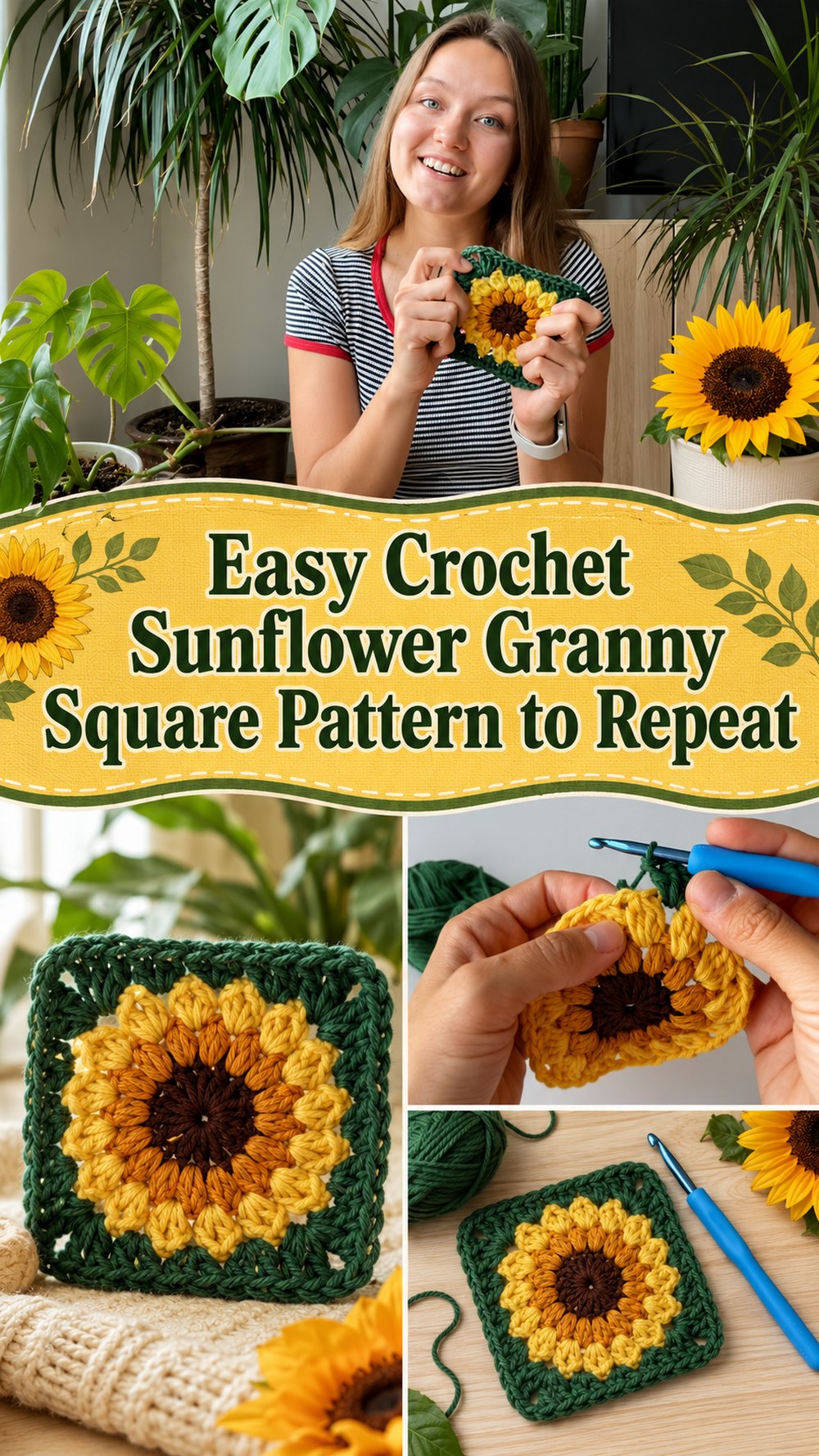Easy Crochet Sunflower Granny Square Pattern to Repeat