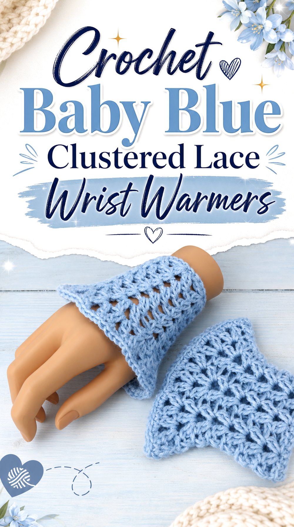 Crochet Baby Blue Clustered Lace Wrist Warmers