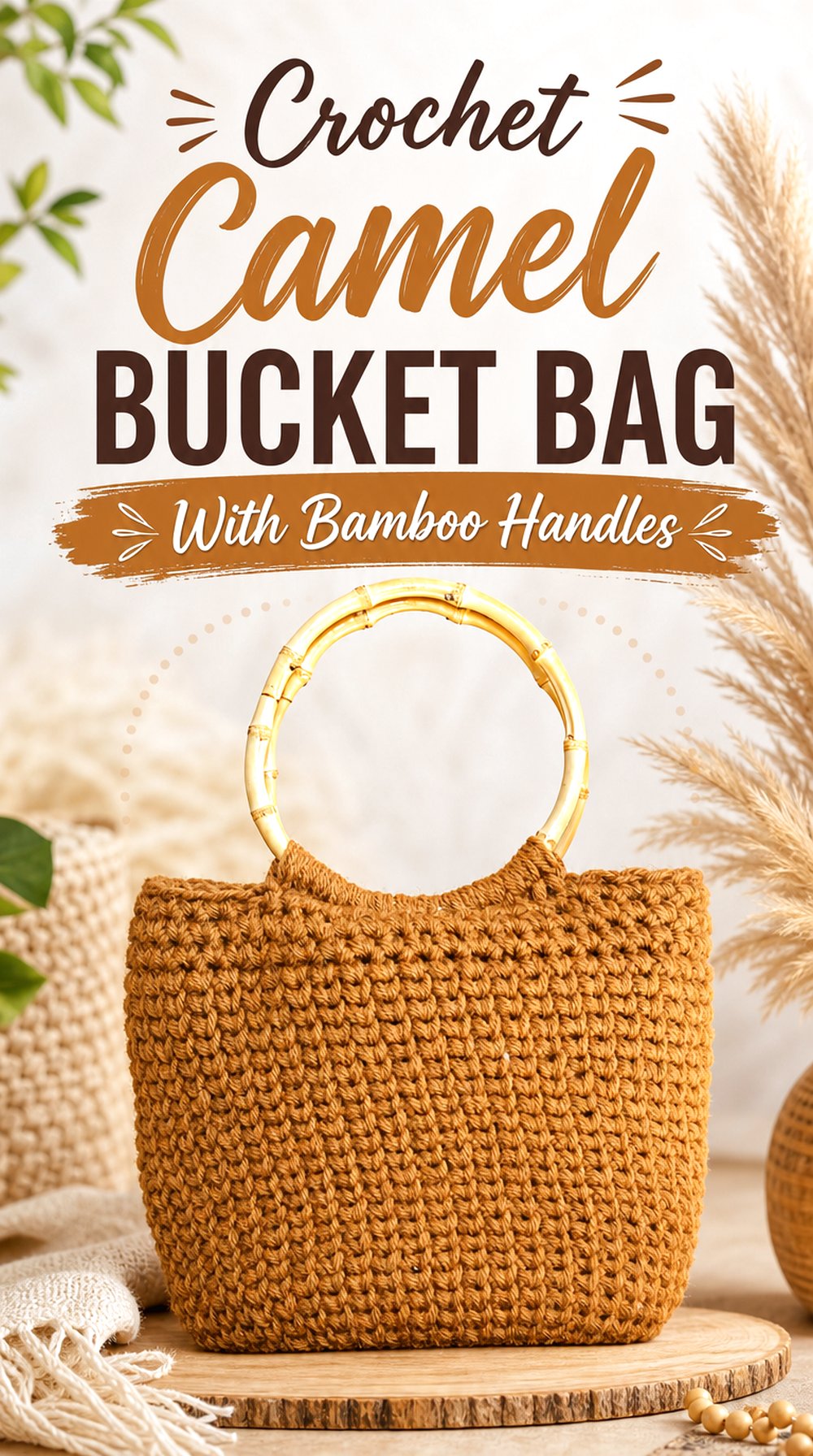 Crochet Camel Bucket Bag With Bamboo Handles