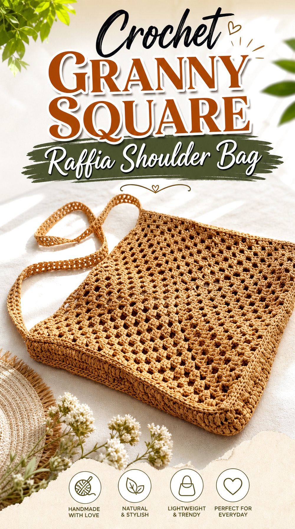 Crochet Granny Square Raffia Shoulder Bag
