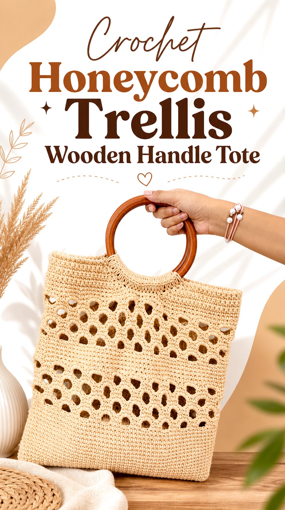 Crochet Honeycomb Trellis Wooden Handle Tote