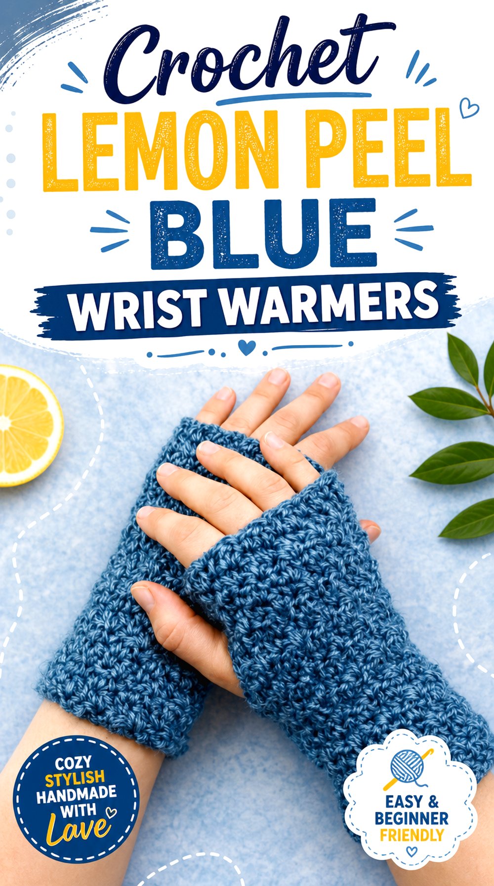 Crochet Lemon Peel Blue Wrist Warmers
