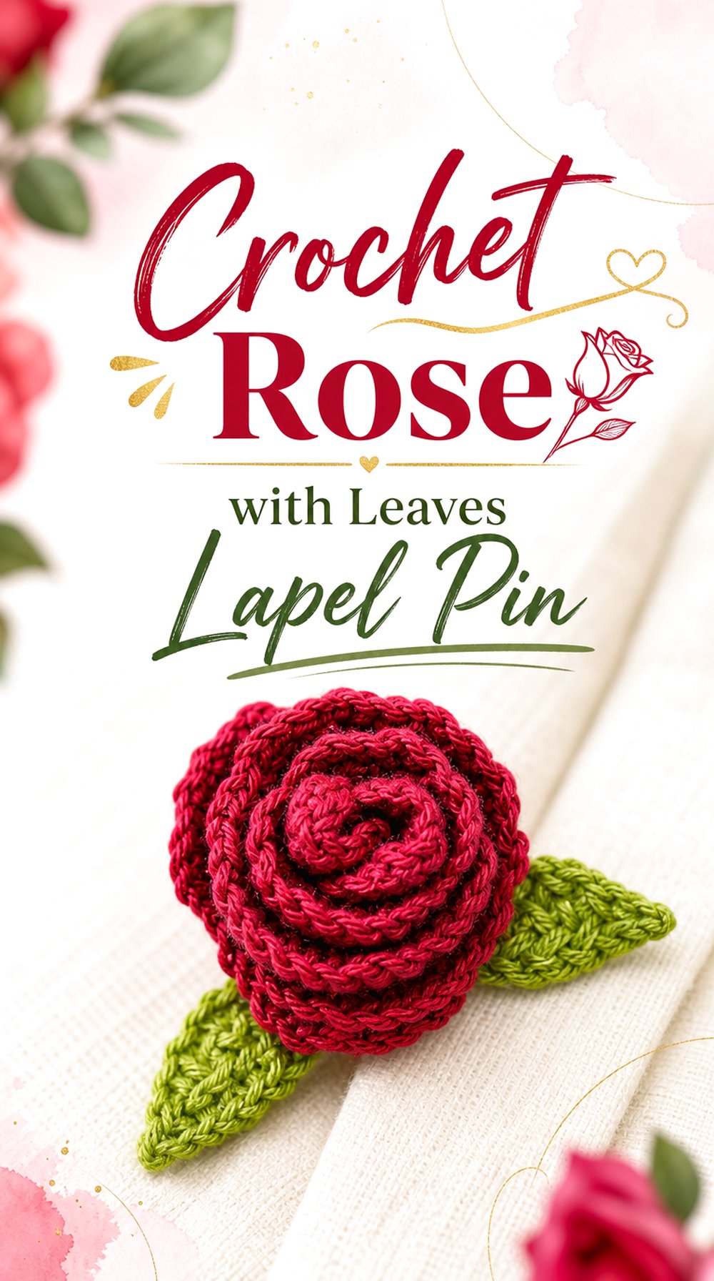 Crochet Rose with Leaves Lapel Pin