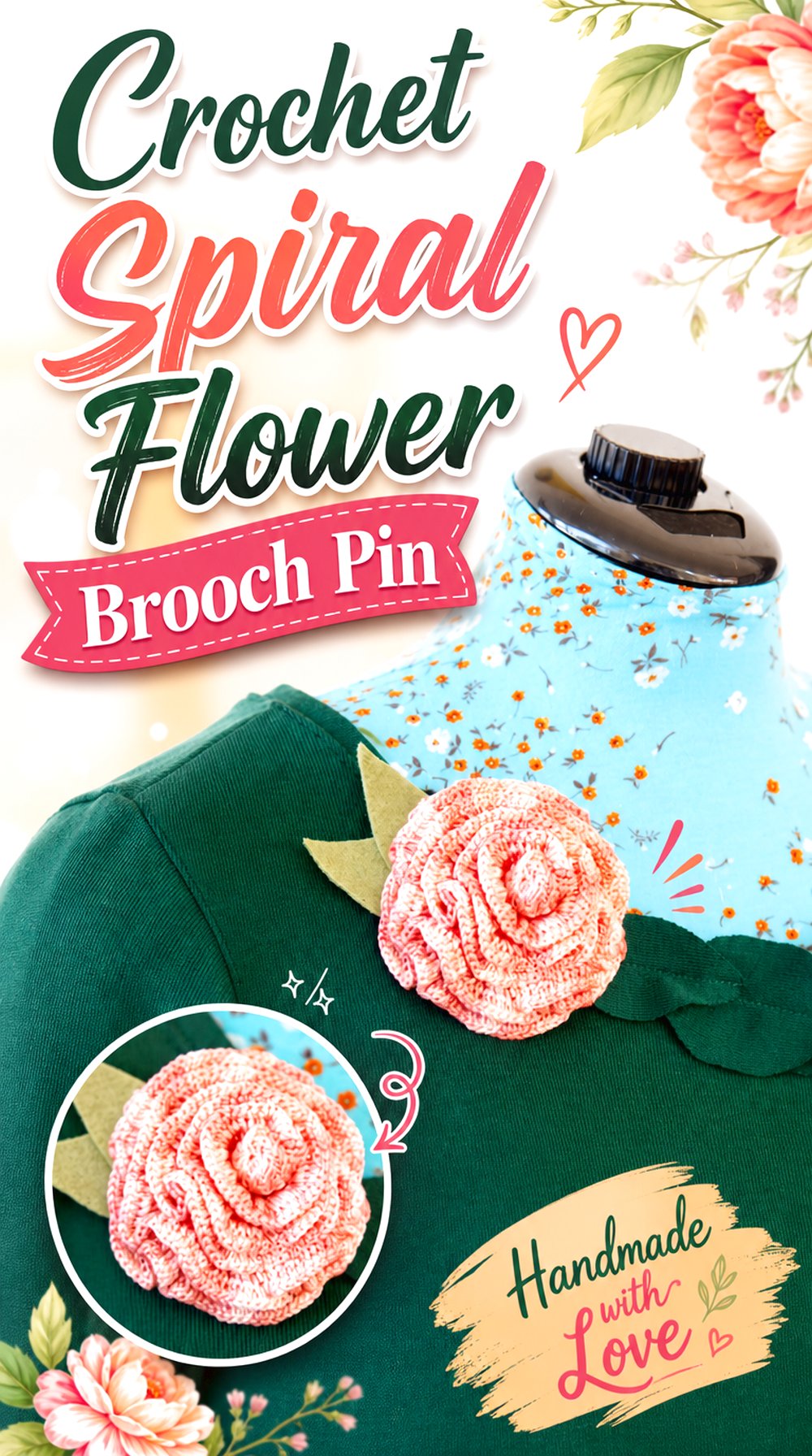 Crochet Spiral Flower Brooch Pin