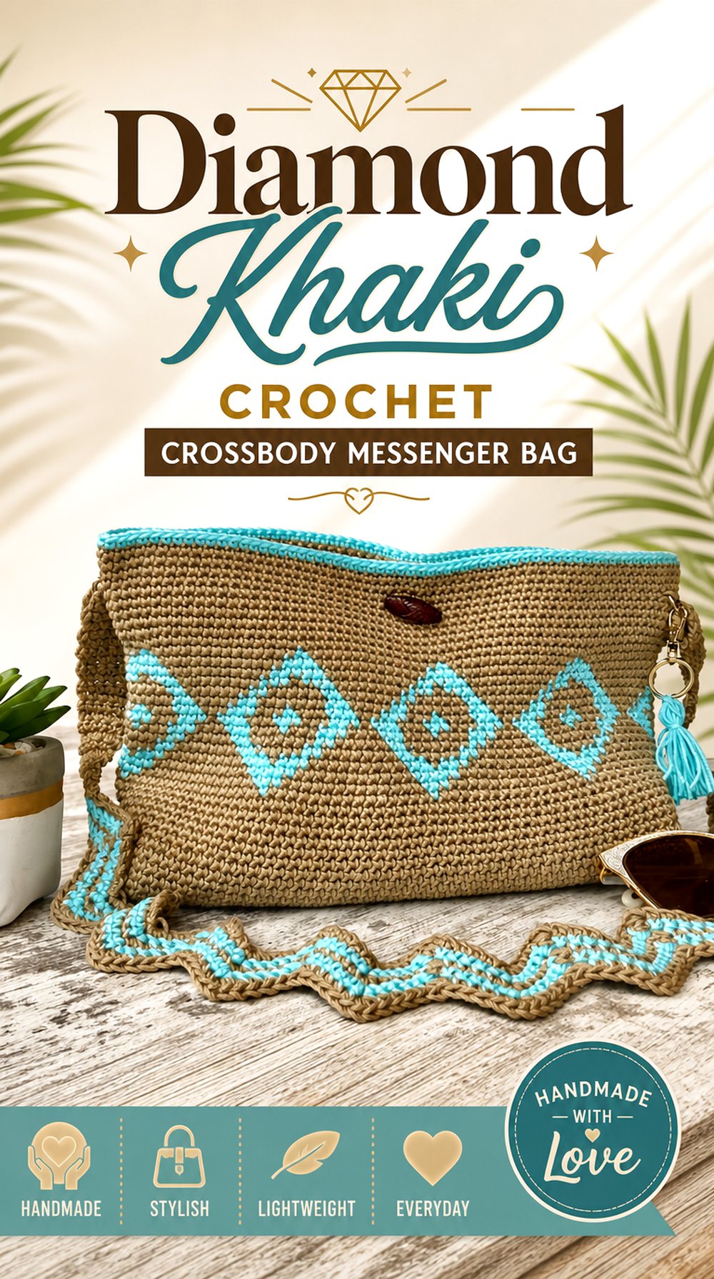Diamond Khaki Crochet Crossbody Messenger Bag