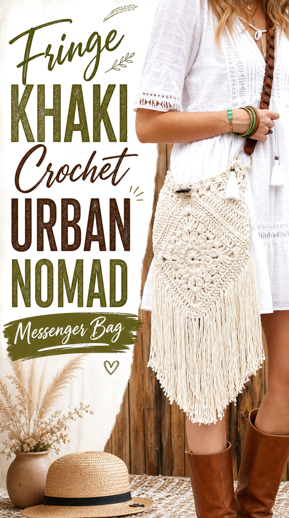 Fringe Khaki Crochet Urban Nomad Messenger Bag