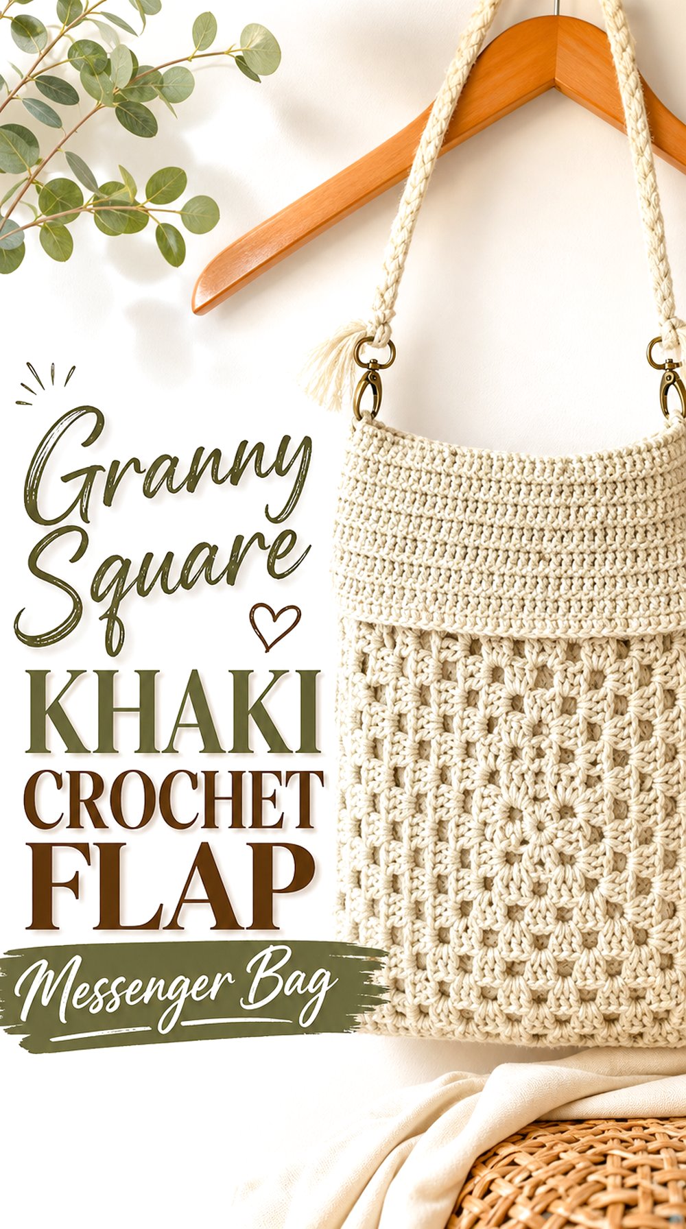 Granny Square Khaki Crochet Flap Messenger Bag