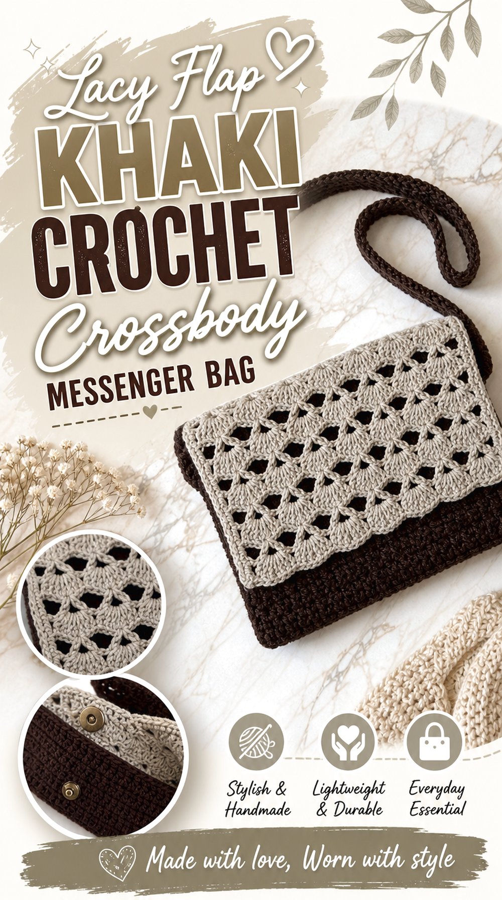 Lacy Flap Khaki Crochet Crossbody Messenger Bag