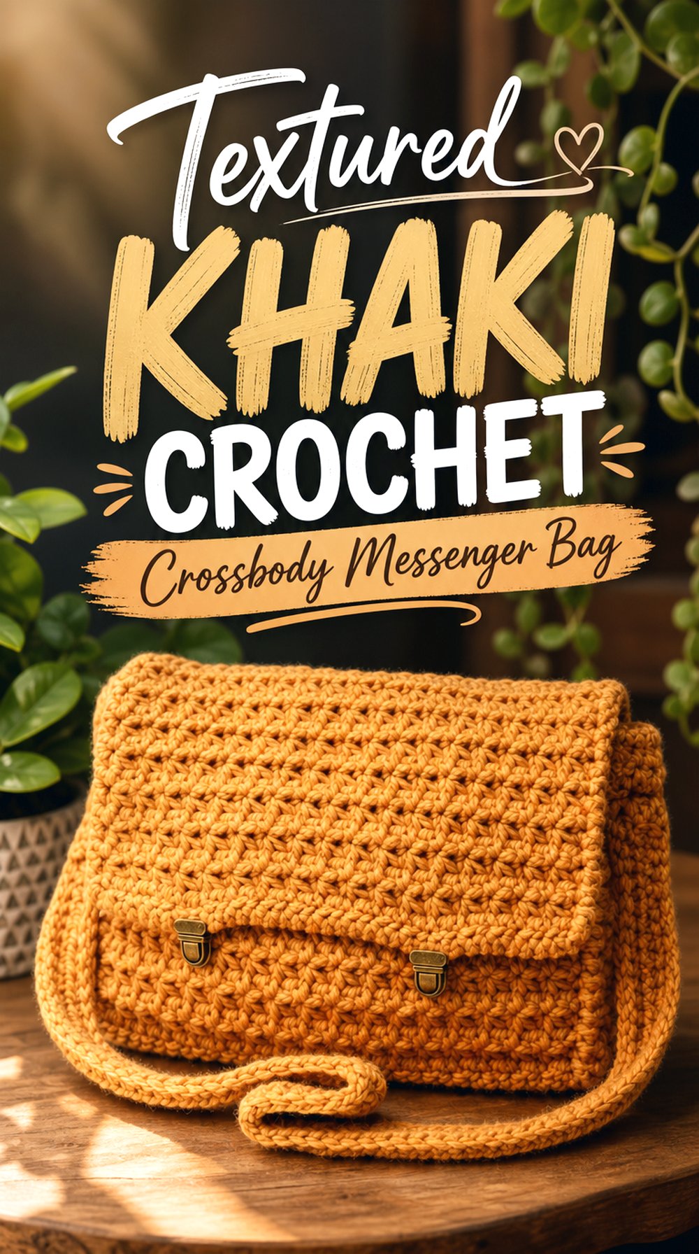 Textured Khaki Crochet Crossbody Messenger Bag