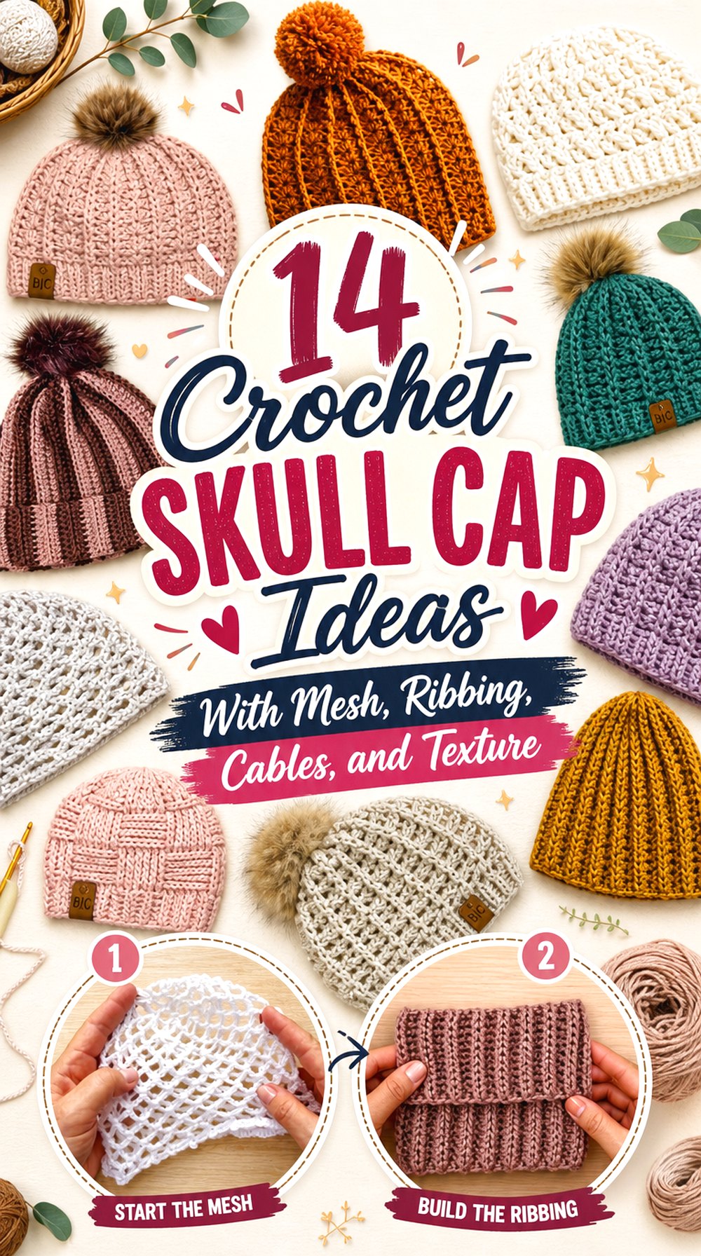 Crochet Skull Cap Ideas With Mesh, Ribbing, Cables, and Texture
