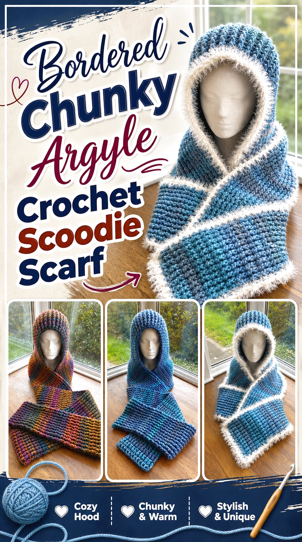 Bordered Chunky Argyle Crochet Scoodie Scarf