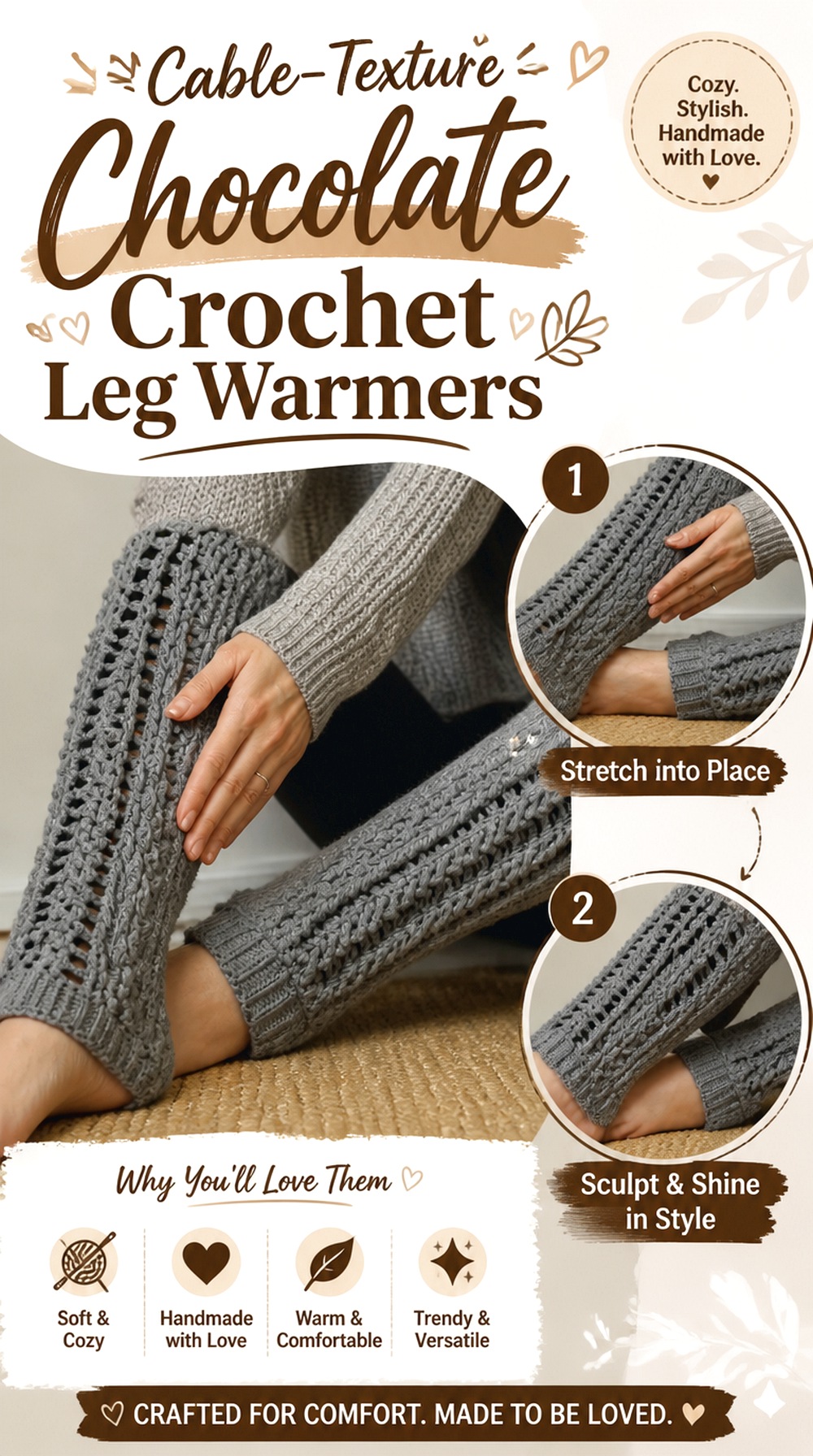 Cable Texture Chocolate Crochet Leg Warmers