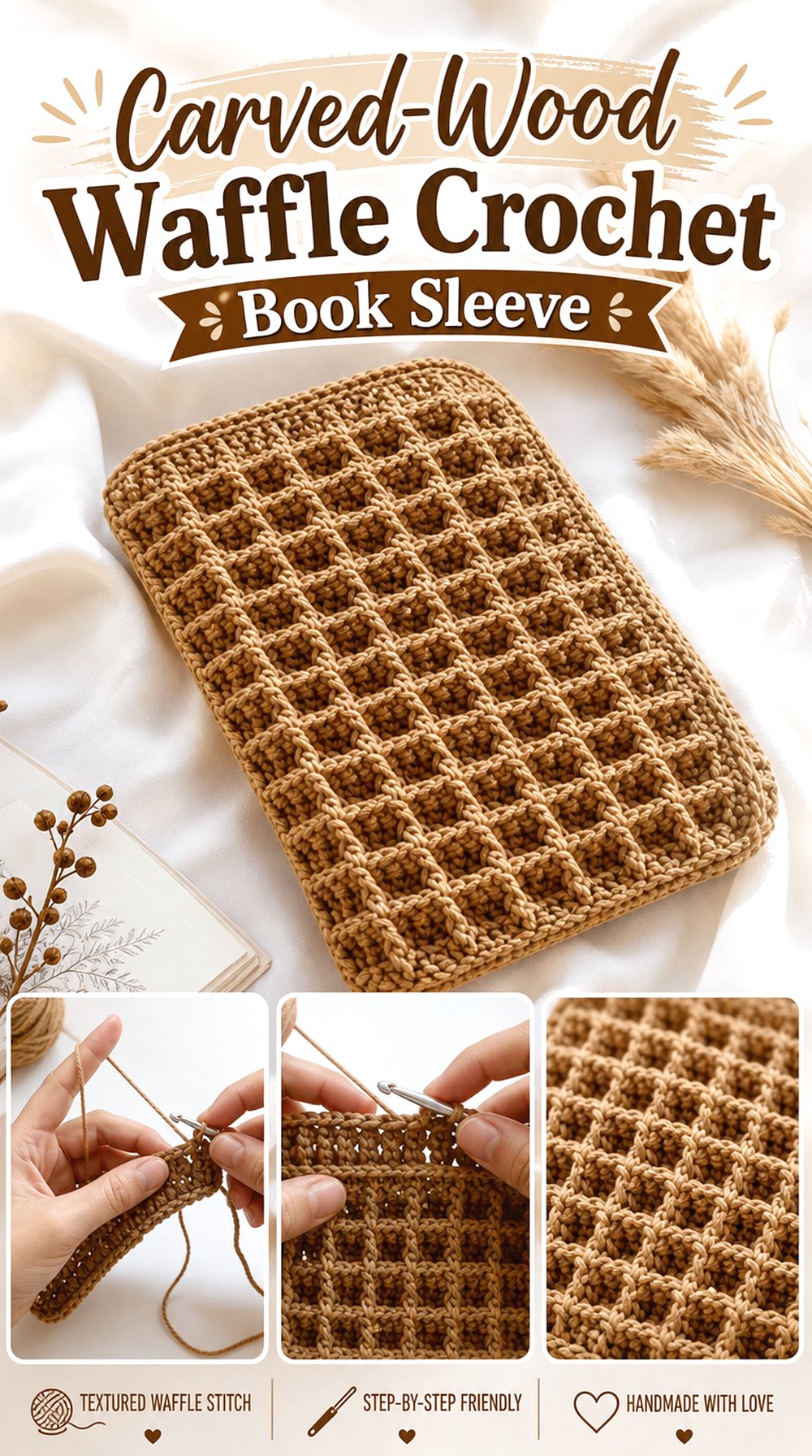 Carved Wood Waffle Crochet Book Sleeve