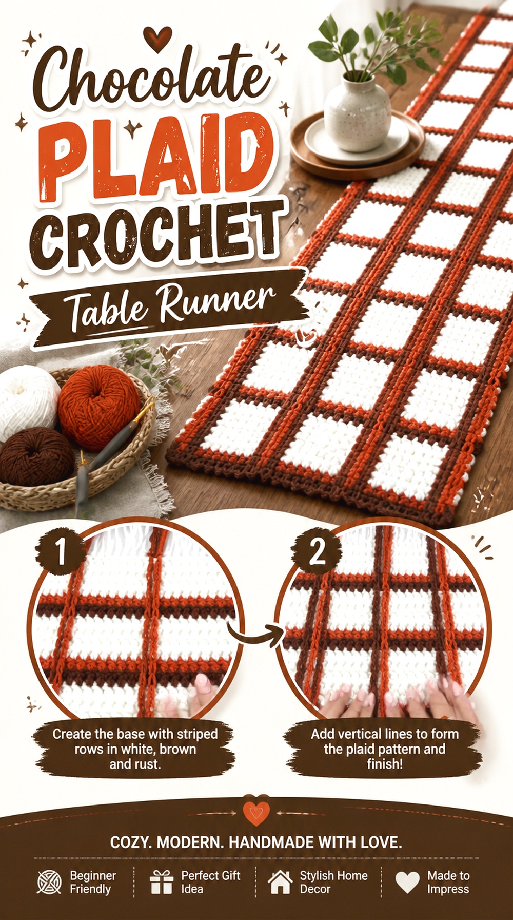 Chocolate Plaid Crochet Table Runner