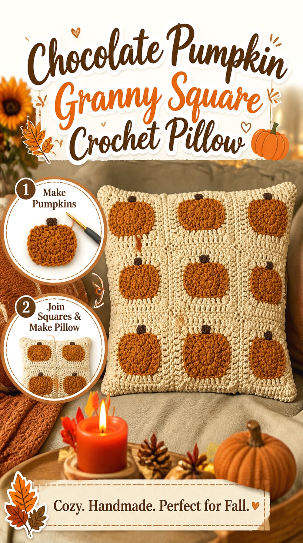 Chocolate Pumpkin Granny Square Crochet Pillow