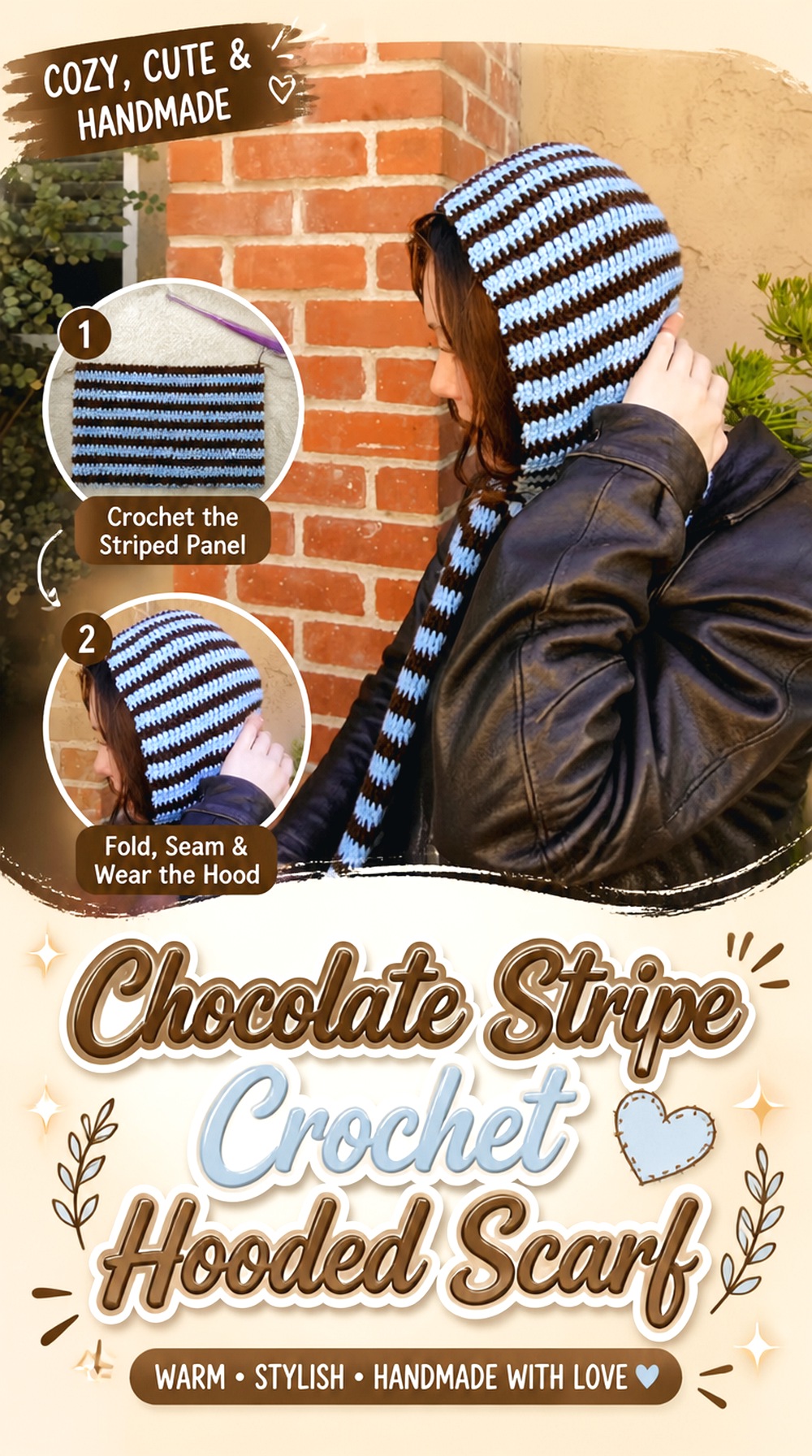 Chocolate Stripe Crochet Hooded Scarf