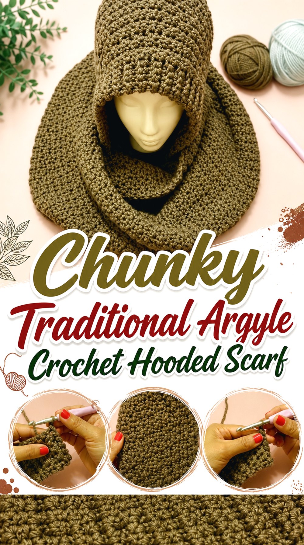 Chunky Traditional Argyle Crochet Hooded Scarf