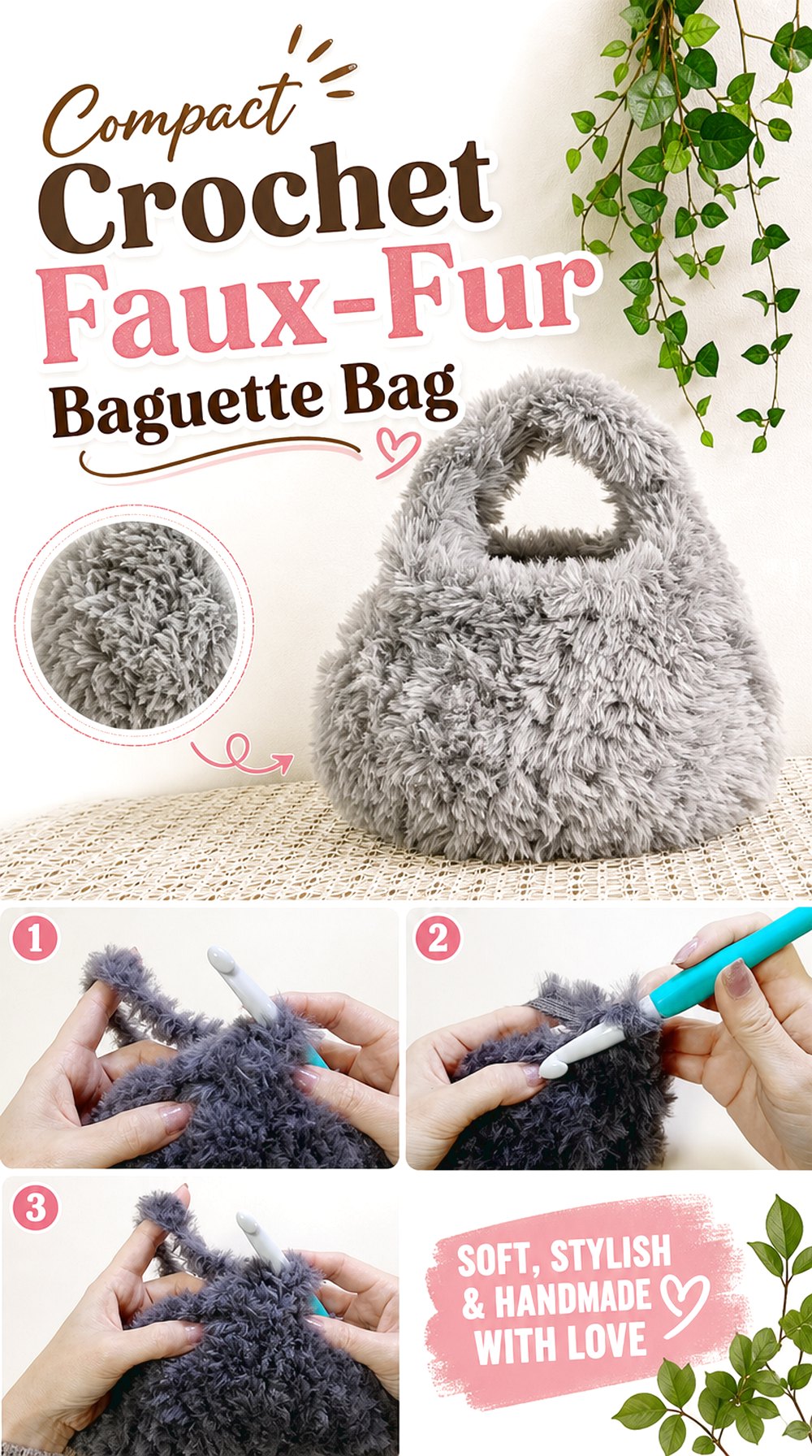 Compact Crochet Faux-Fur Baguette Bag