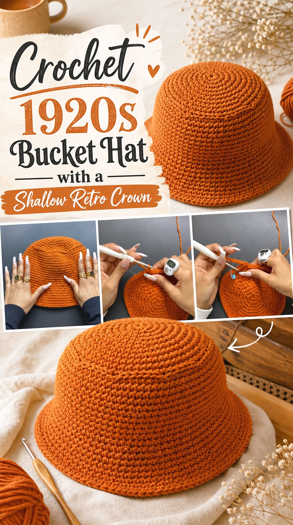 Crochet 1920s Bucket Hat with a Shallow Retro Crown