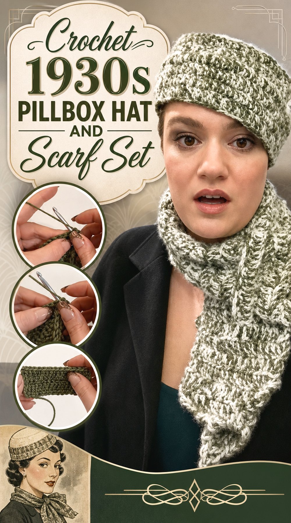 Crochet 1930s Pillbox Hat and Scarf Set