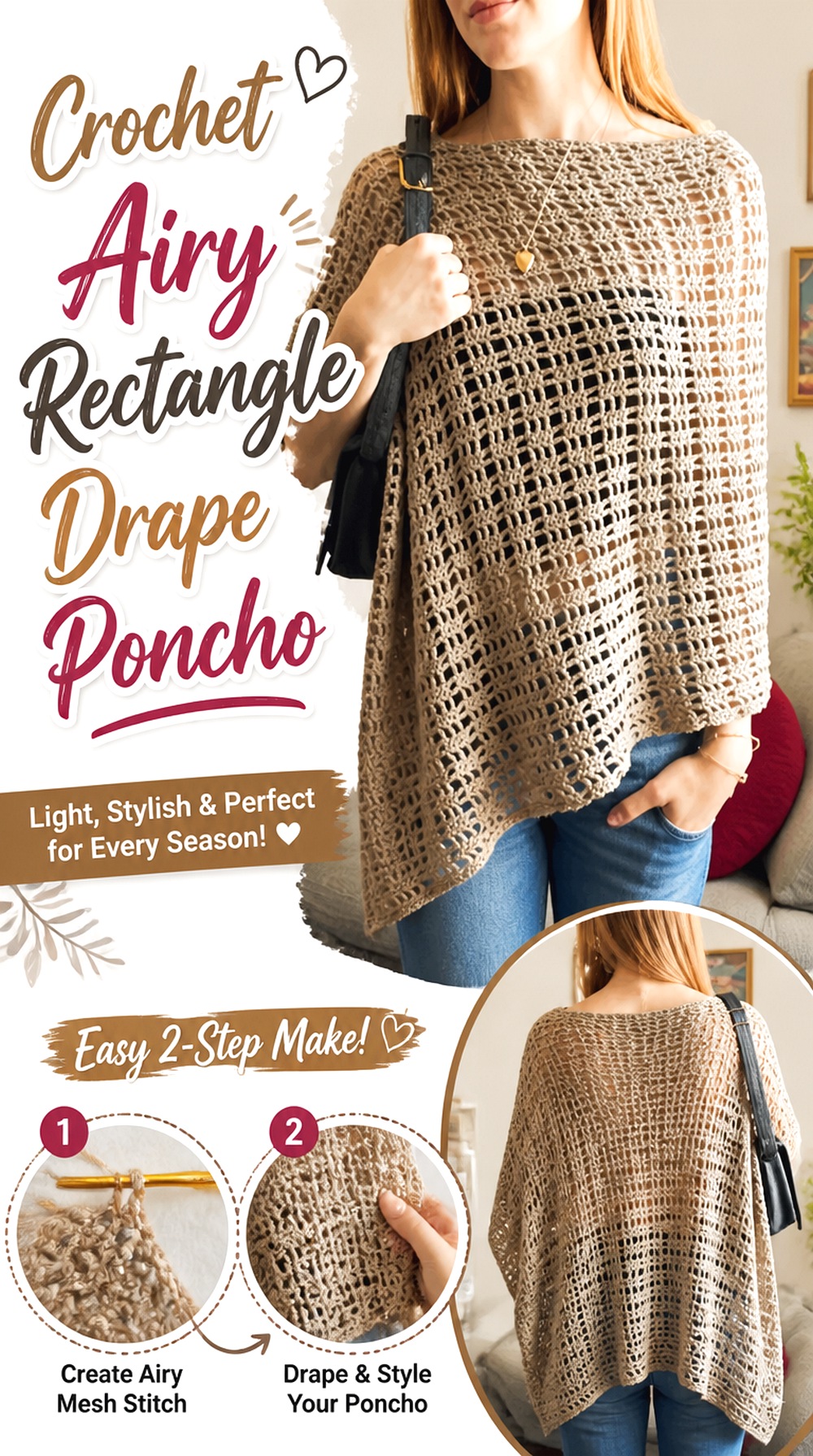 Crochet Airy Rectangle Drape Poncho