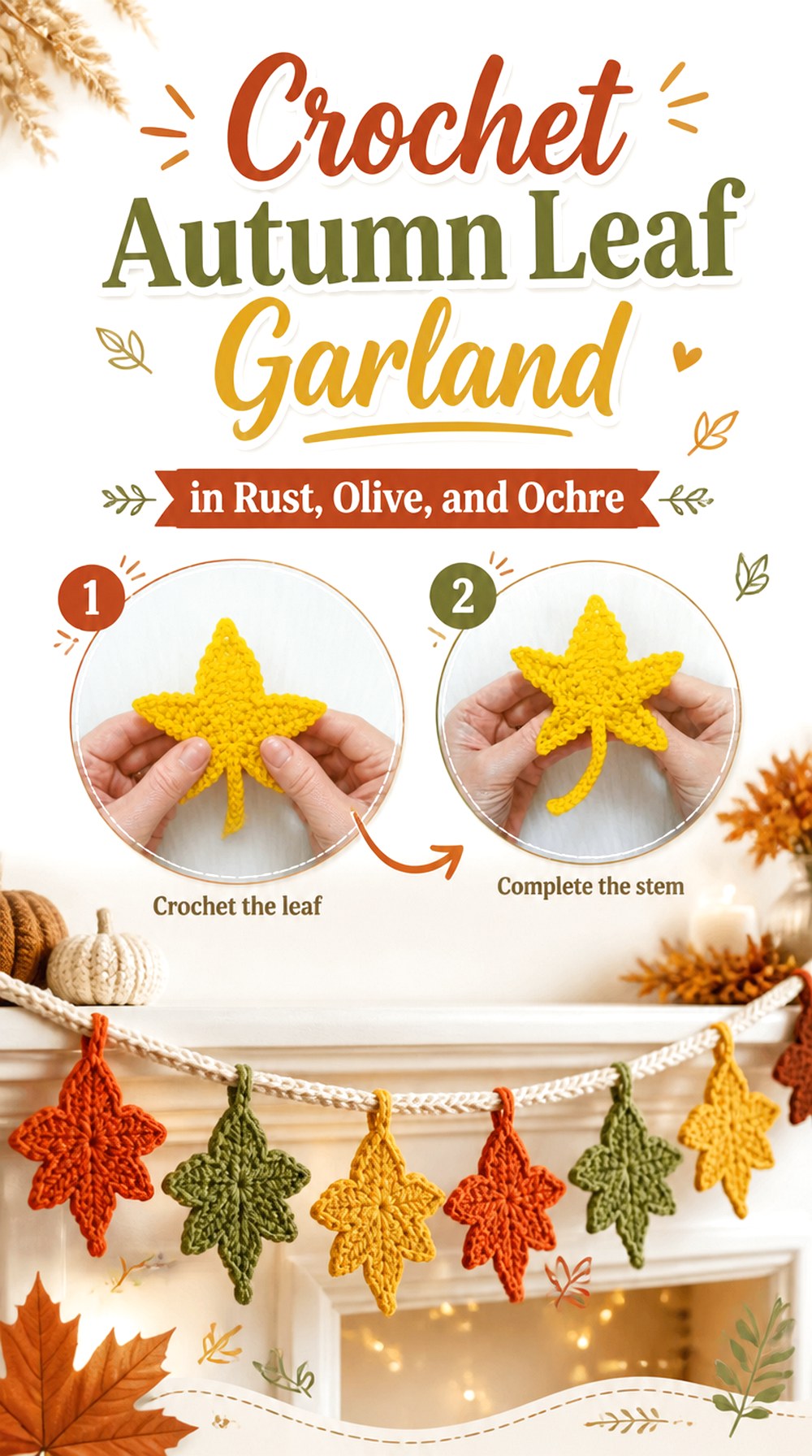 Crochet Autumn Leaf Garland in Rust, Olive, and Ochre