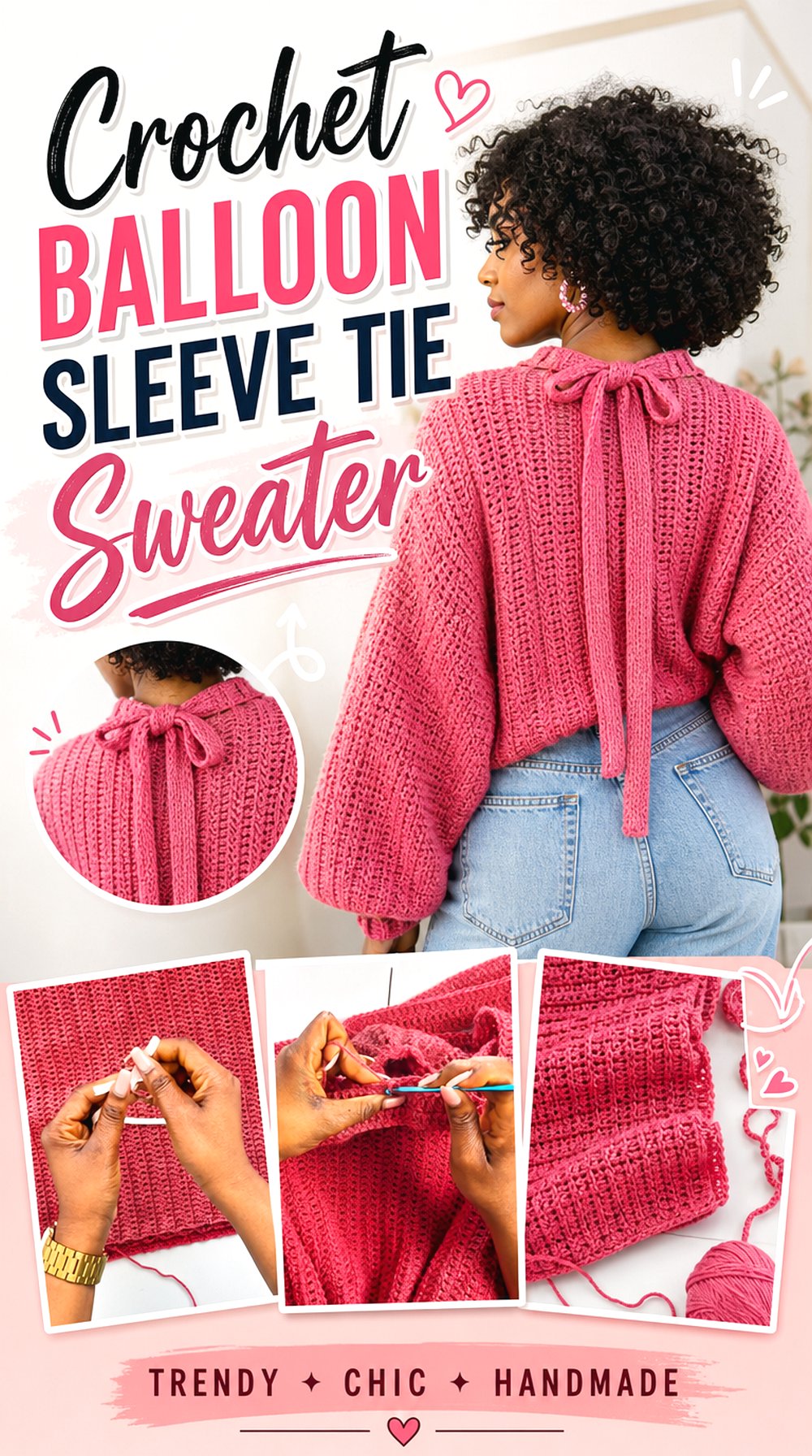 Crochet Balloon Sleeve Tie Sweater