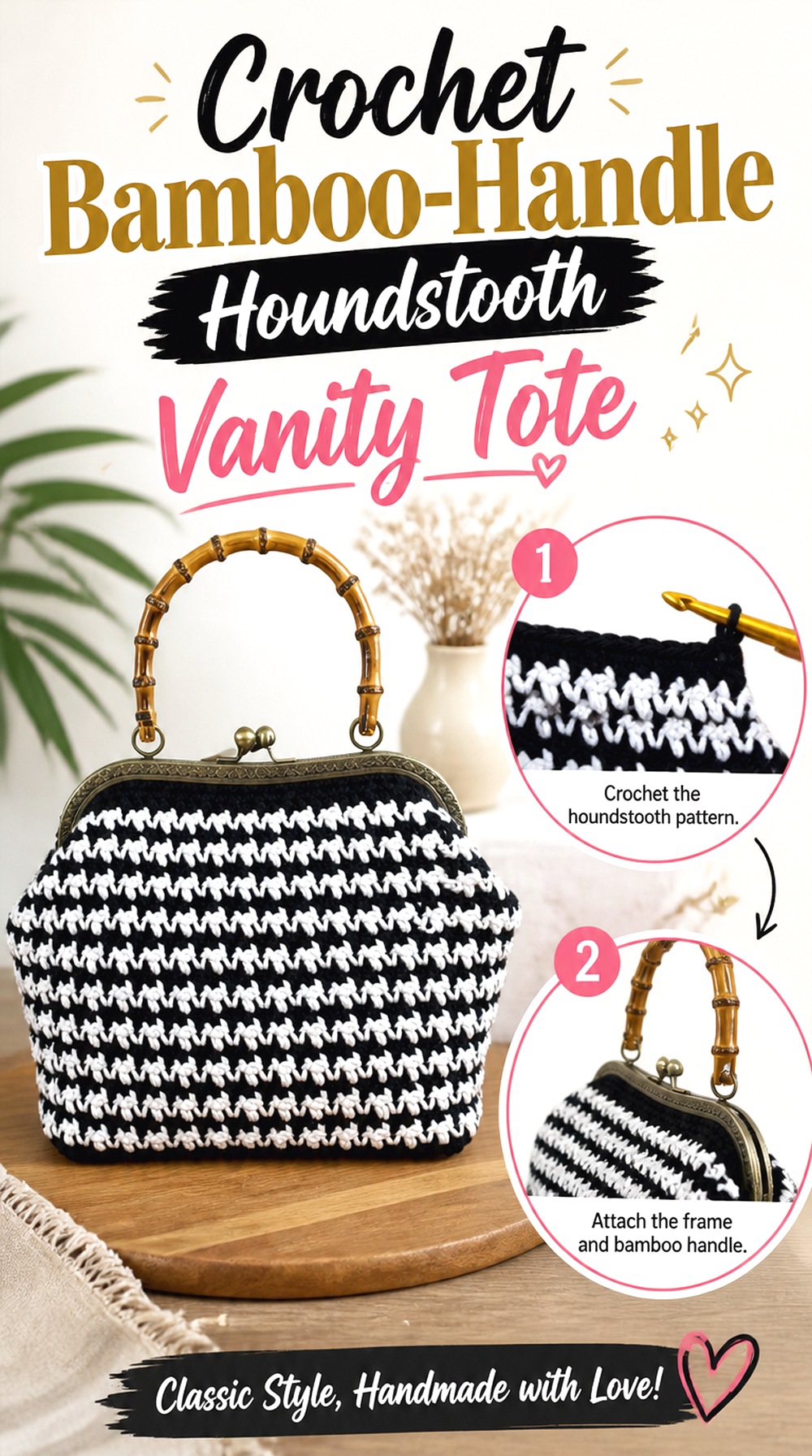 Crochet Bamboo Handle Houndstooth Vanity Tote