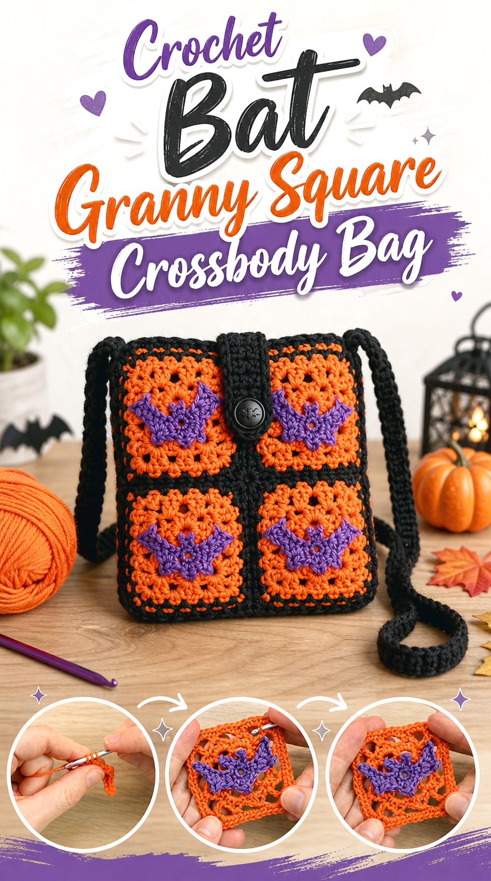Crochet Bat Granny Square Crossbody Bag