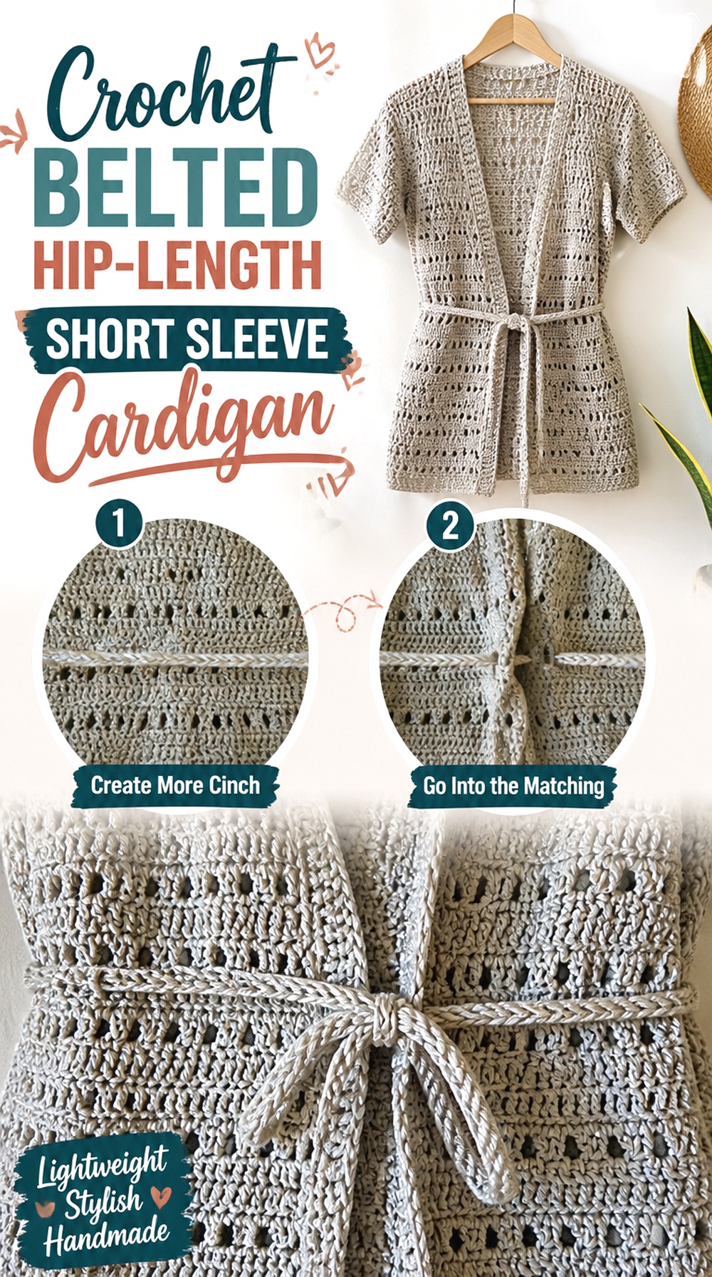 Crochet Belted Hip Length Short Sleeve Cardigan