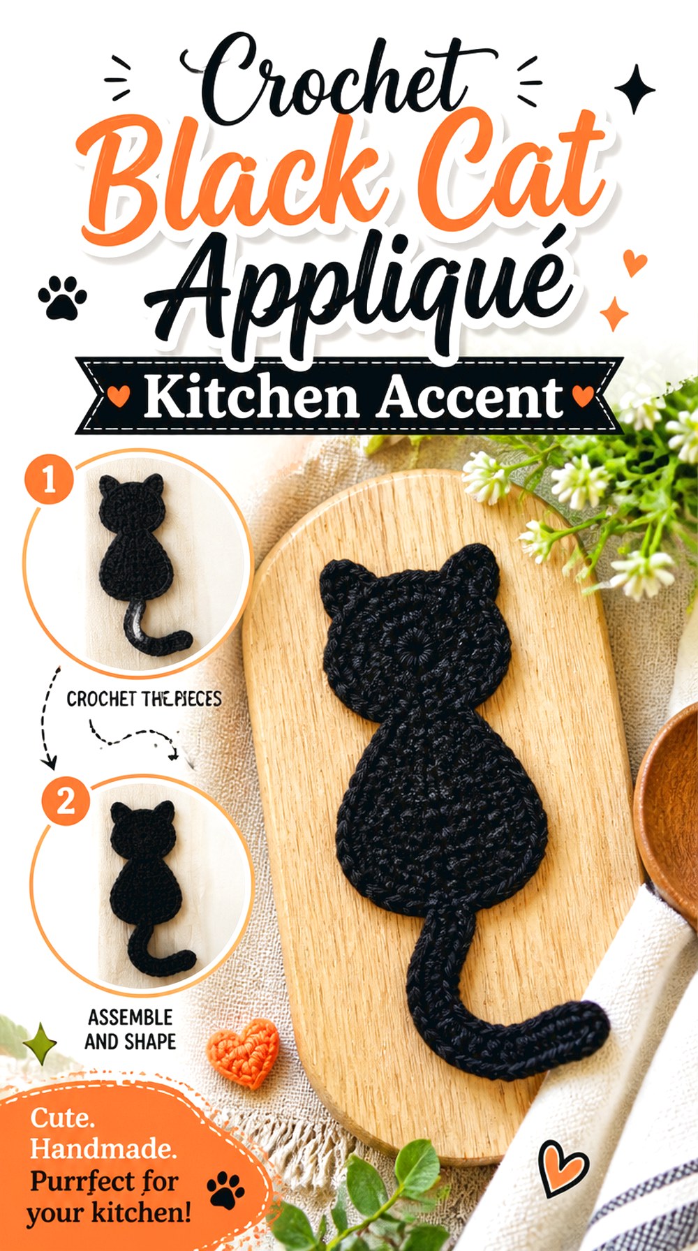 Crochet Black Cat Appliqué Kitchen Accent