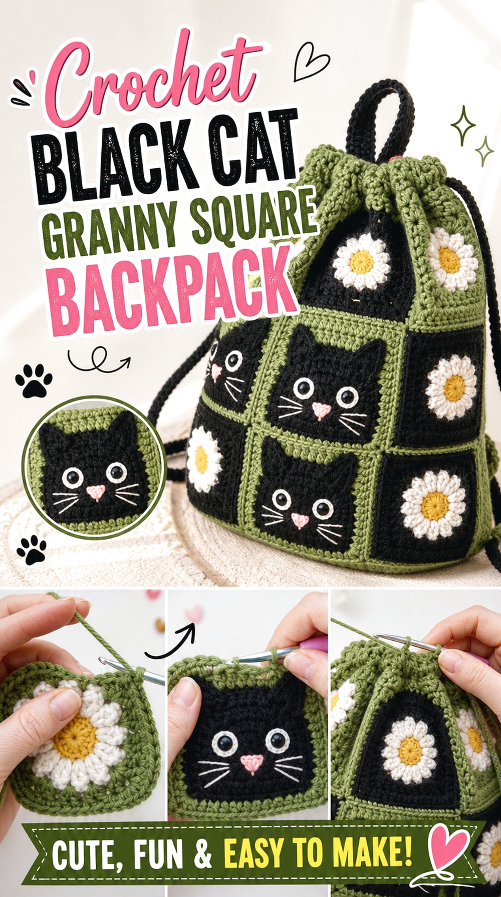 Crochet Black Cat Granny Square Backpack