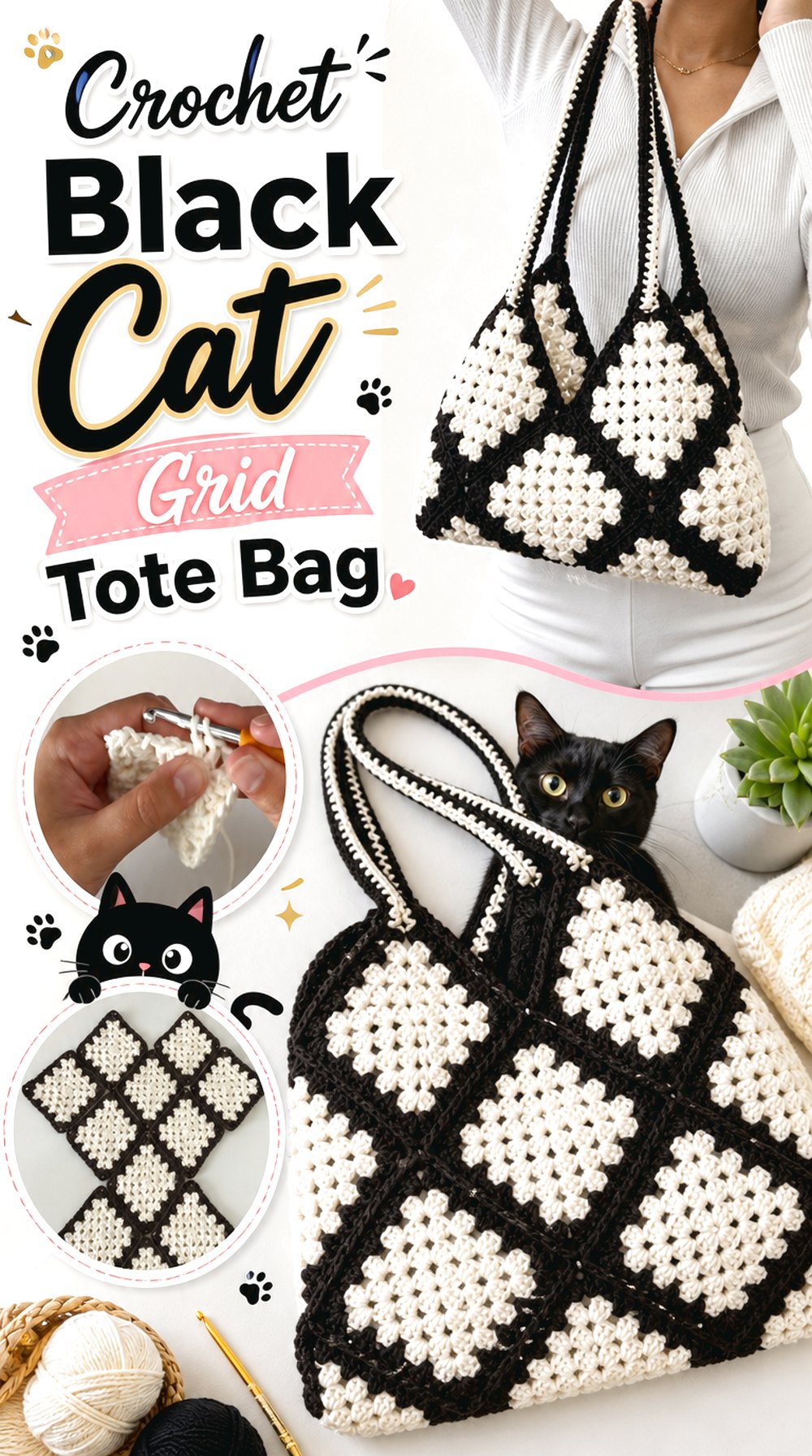 Crochet Black Cat Grid Tote Bag