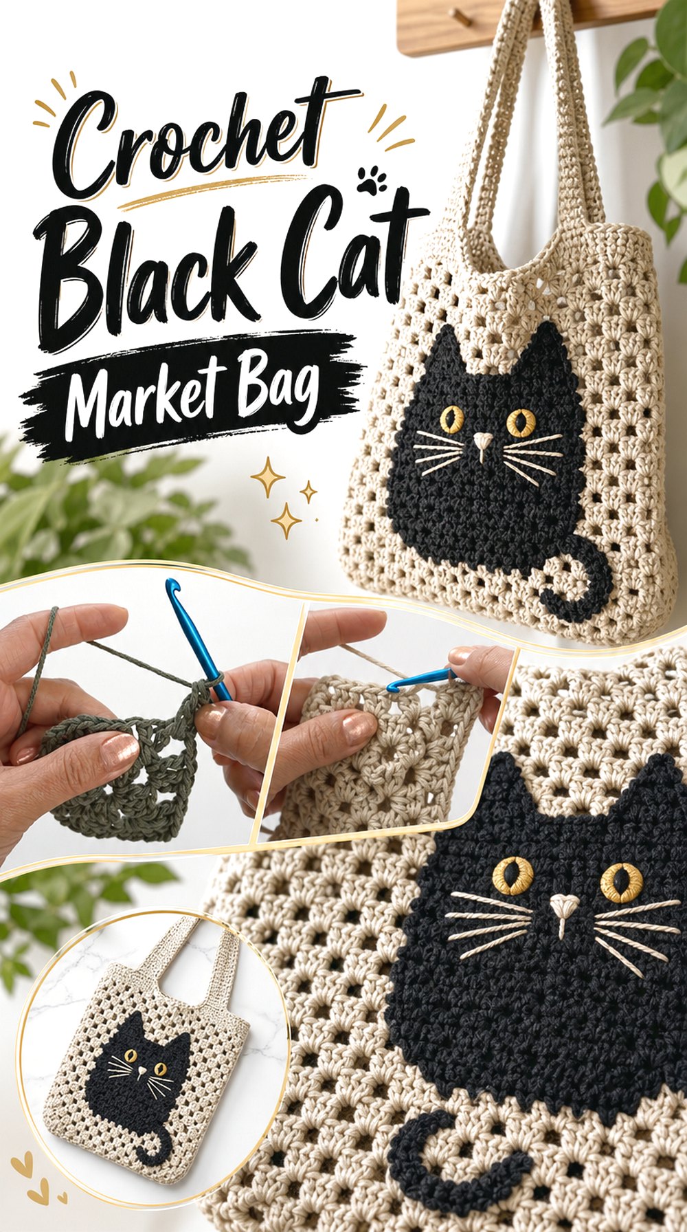 Crochet Black Cat Market Bag