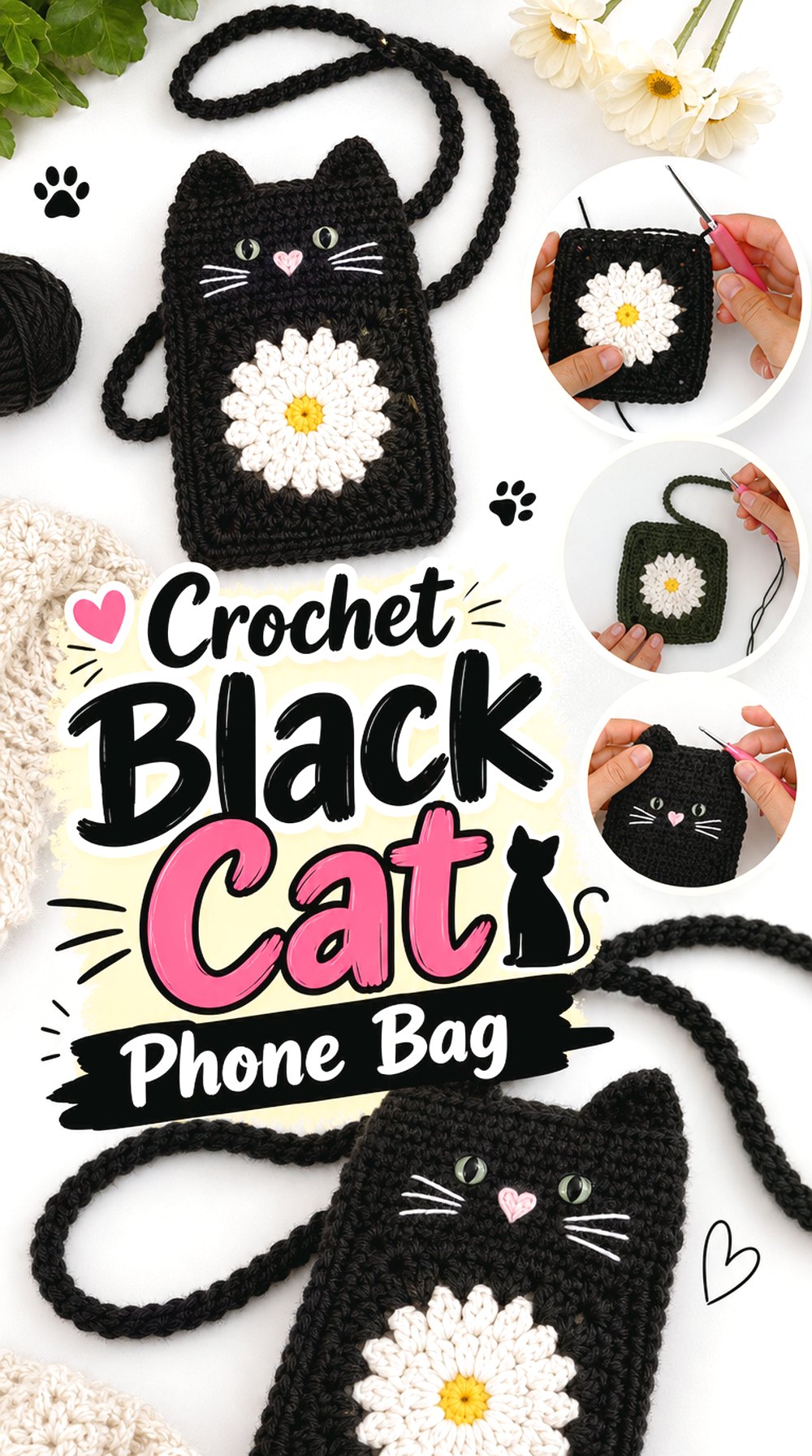 Crochet Black Cat Phone Bag