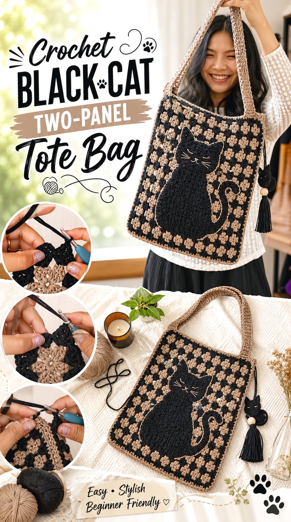 Crochet Black Cat Two-Panel Tote Bag