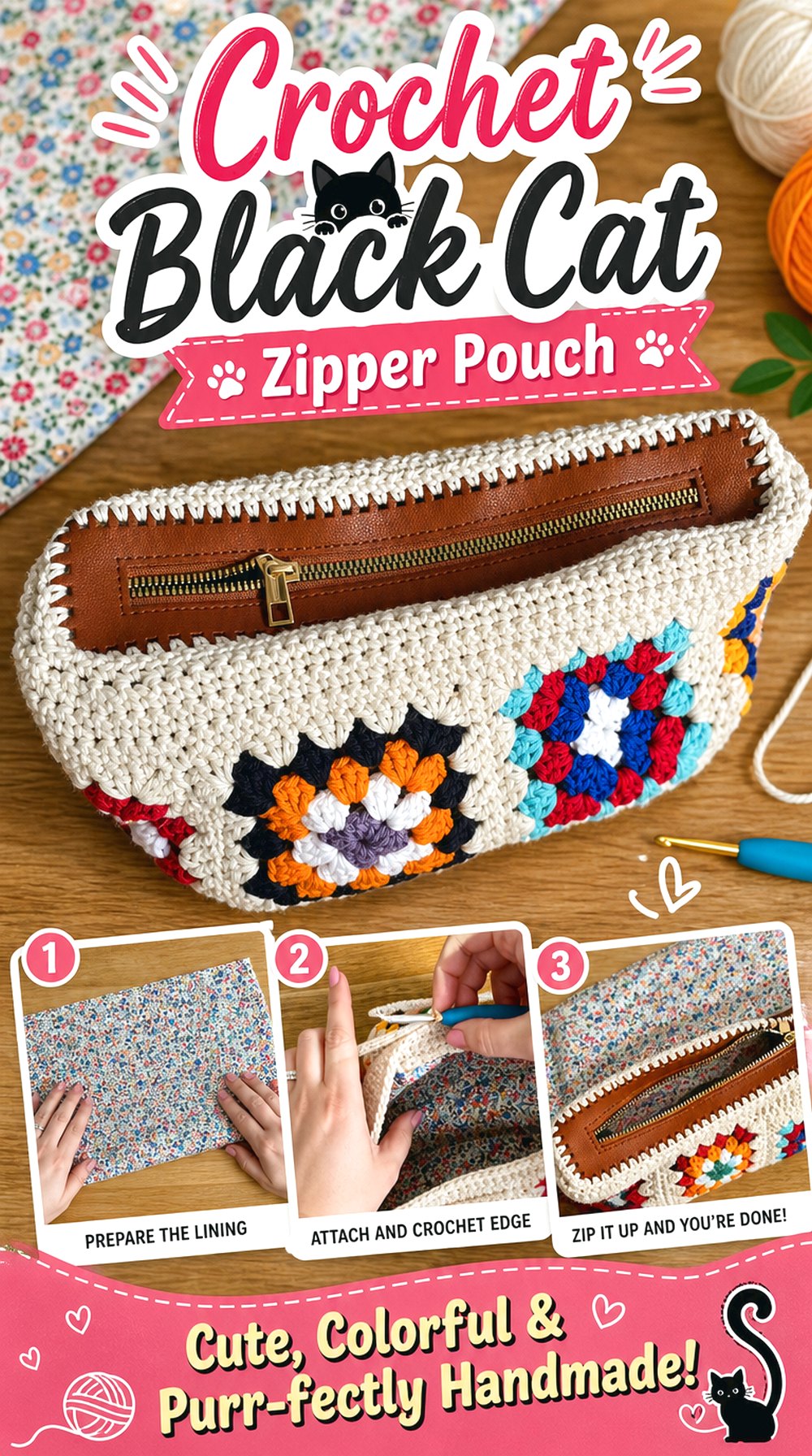Crochet Black Cat Zipper Pouch