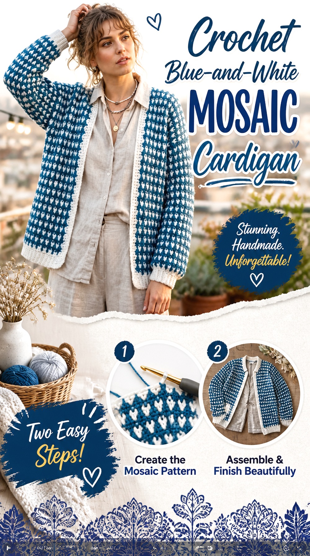 Crochet Blue and White Mosaic Cardigan