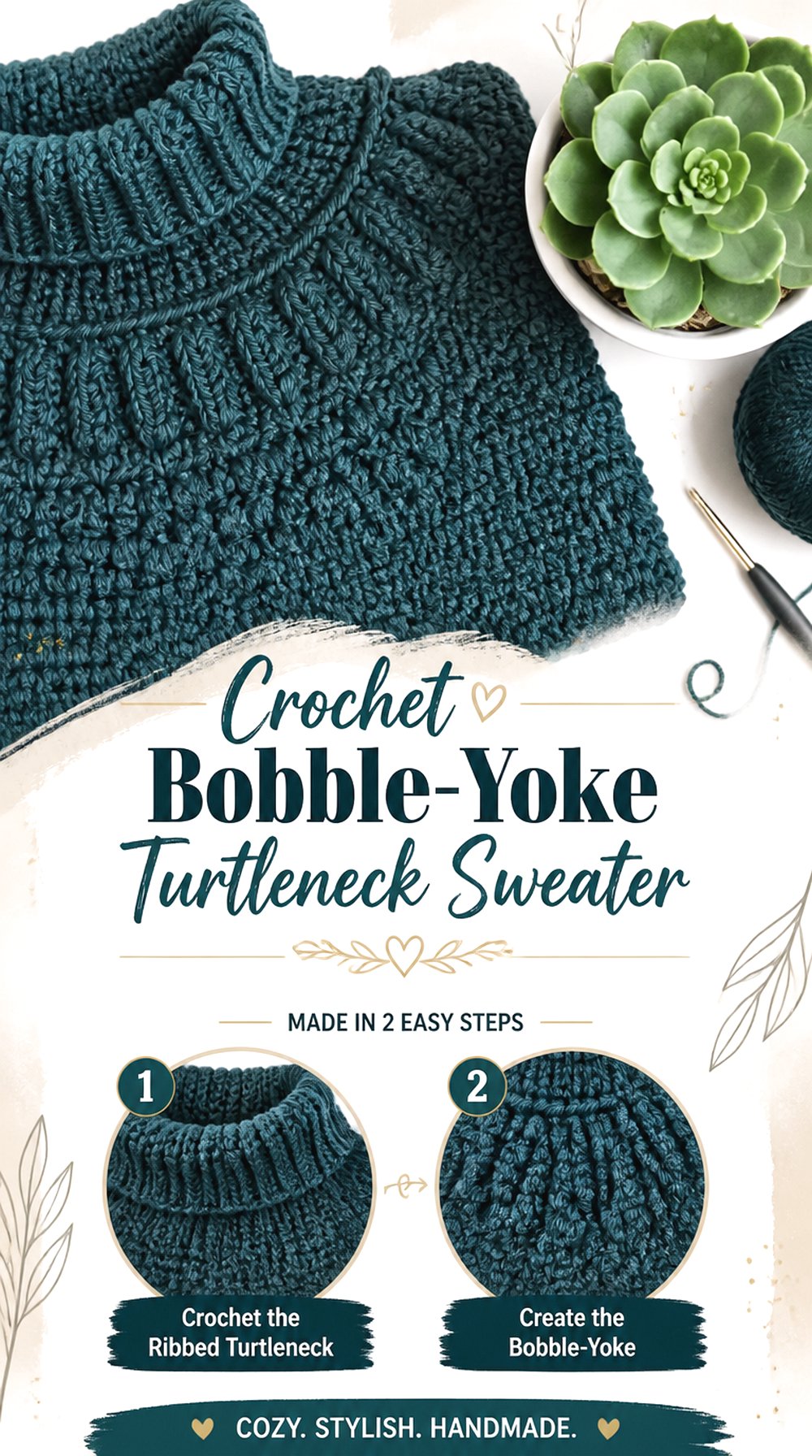 Crochet Bobble Yoke Turtleneck Sweater