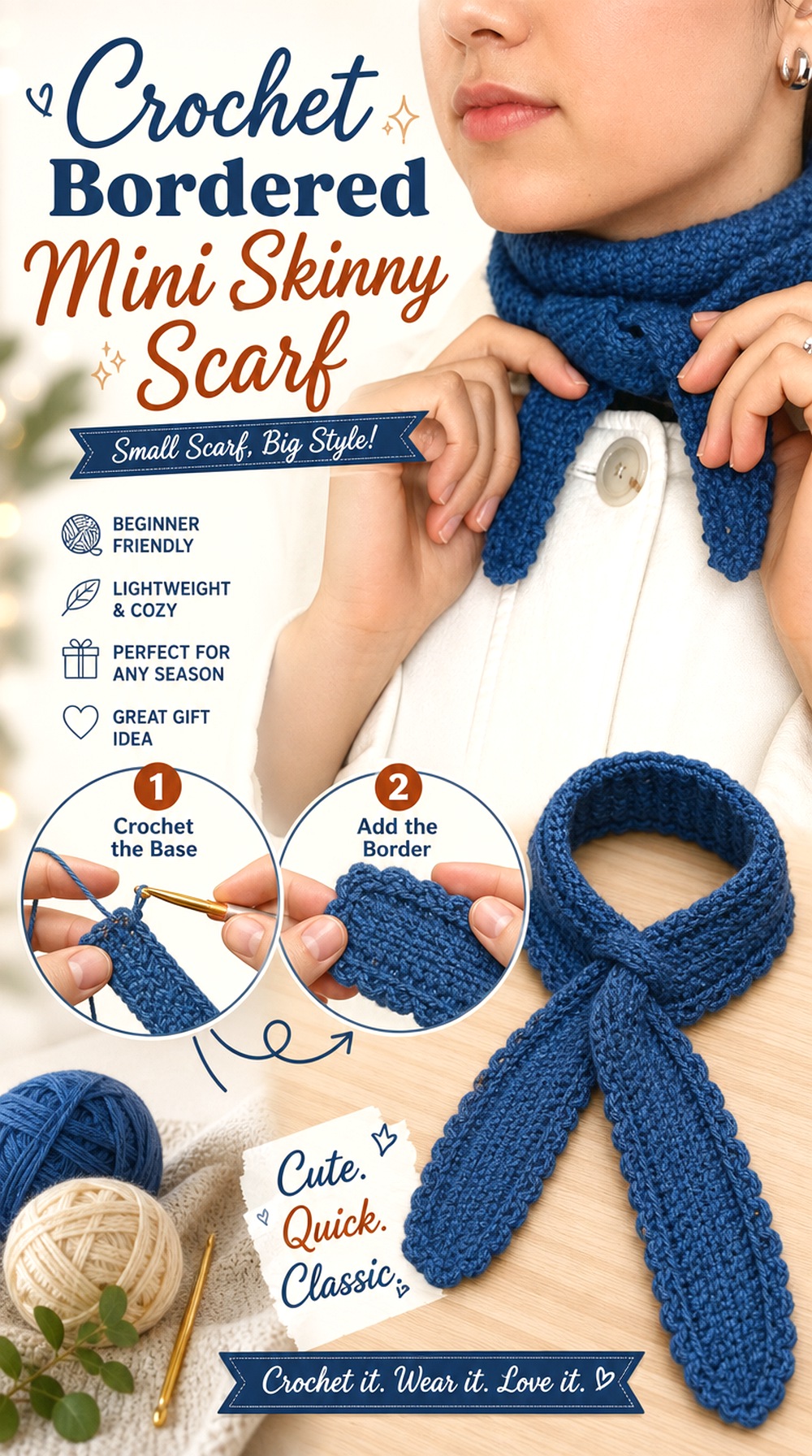 Crochet Bordered Mini Skinny Scarf